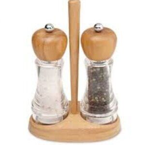 Pampered Chef Salt & Pepper Mill Grinder Set with Bamboo Stand - Retired